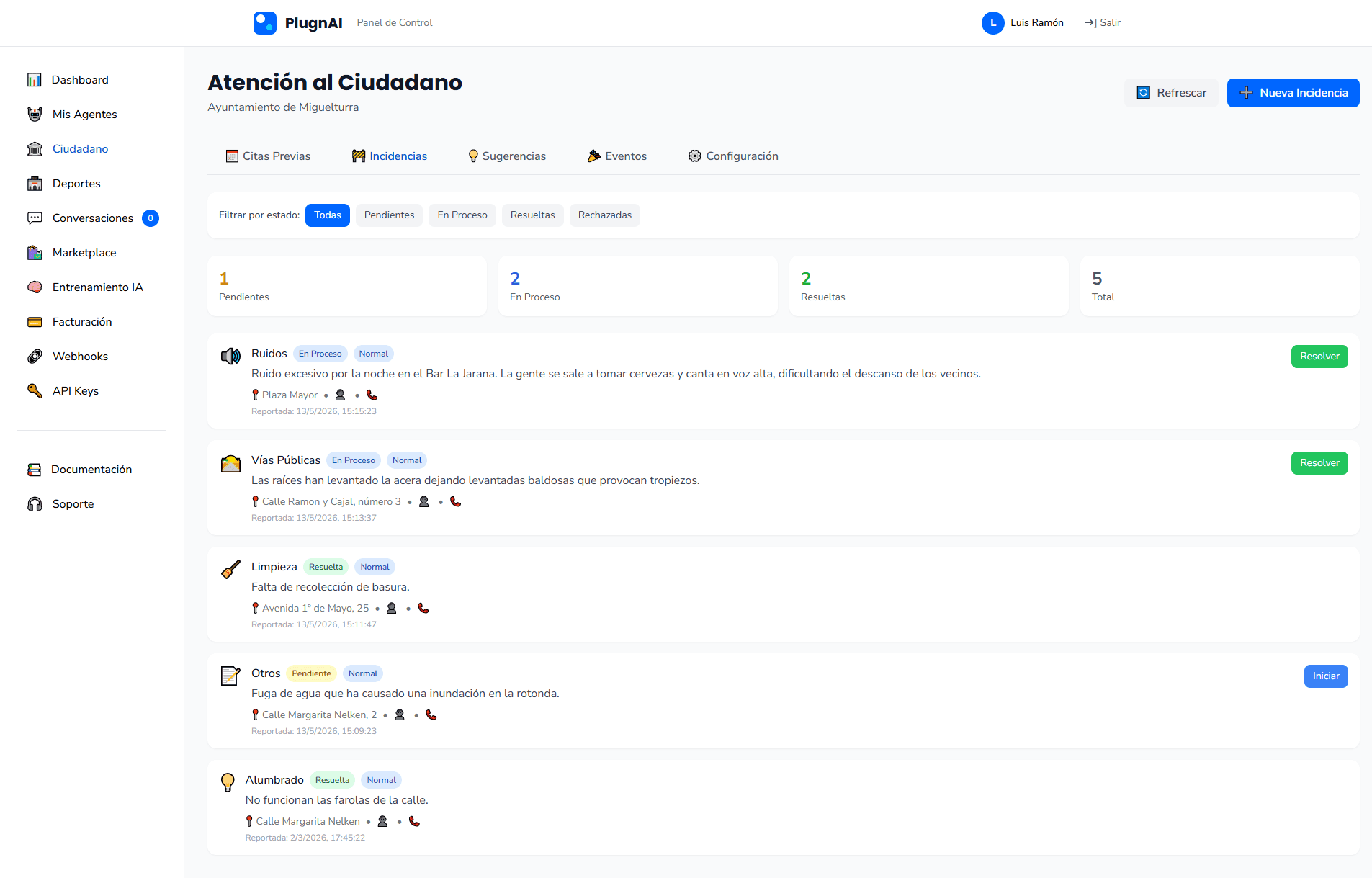 Citizen agent incidents panel in the dashboard