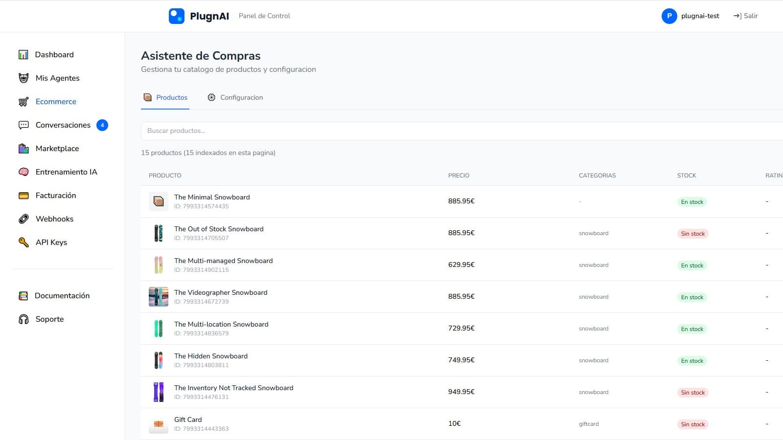 Tableau de bord de l'agent ecommerce avec commandes et métriques
