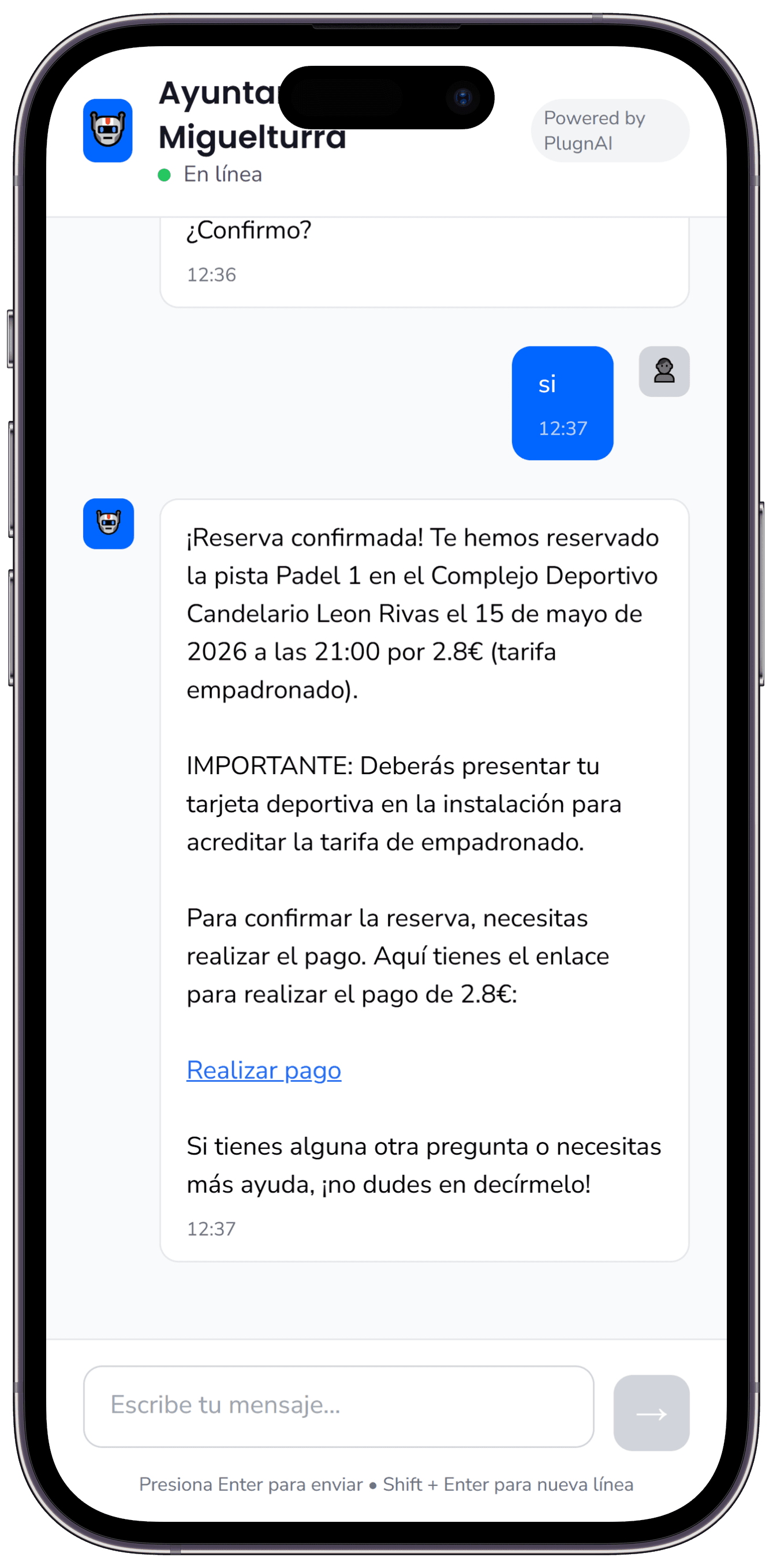 Chat móvel com o link de pagamento da reserva