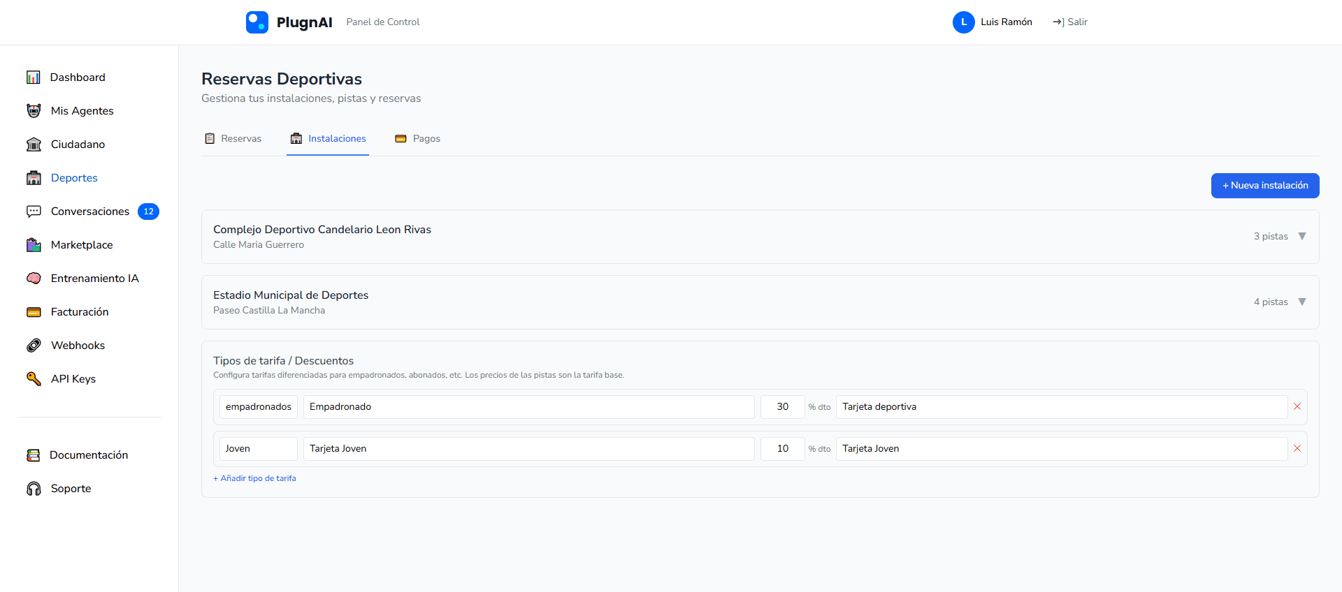 Painel do dashboard com a lista de instalações e campos configurados