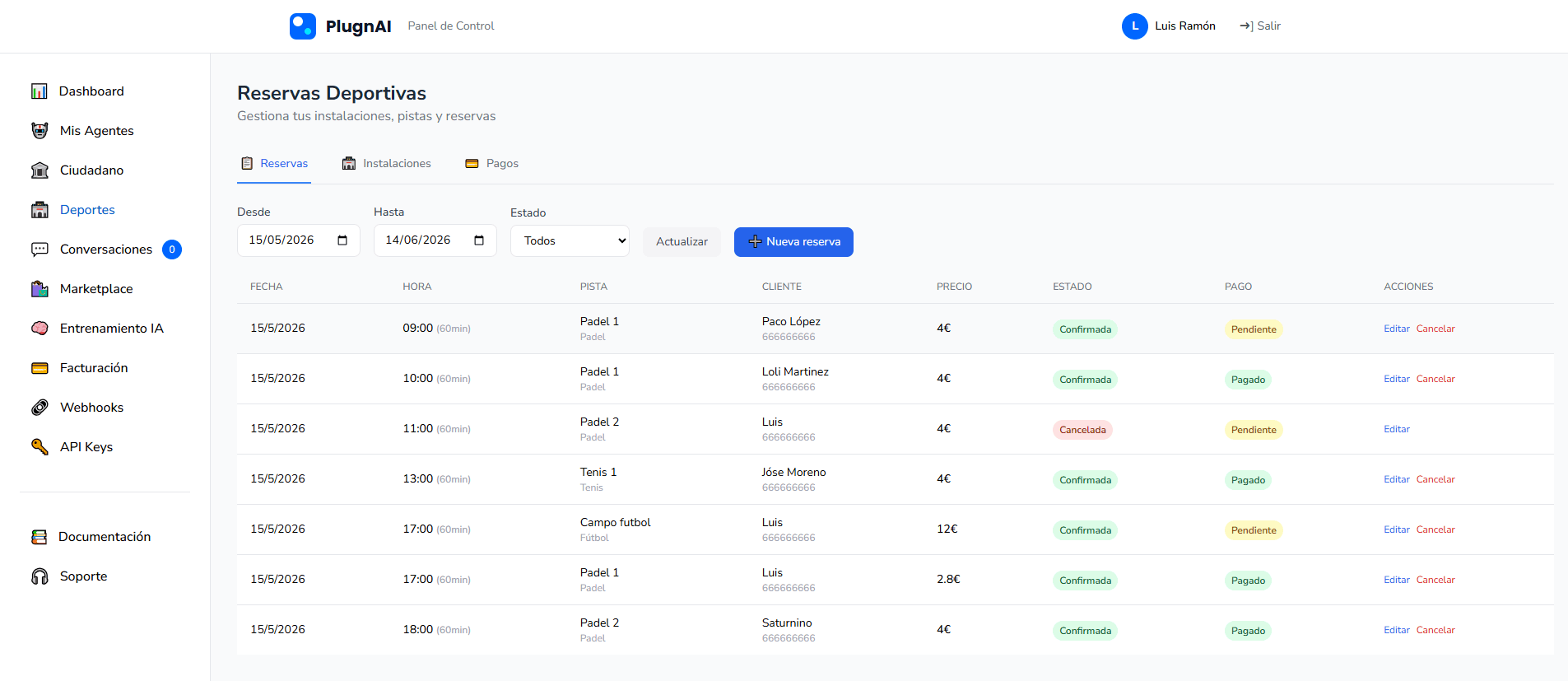 Calendário e lista de reservas no dashboard