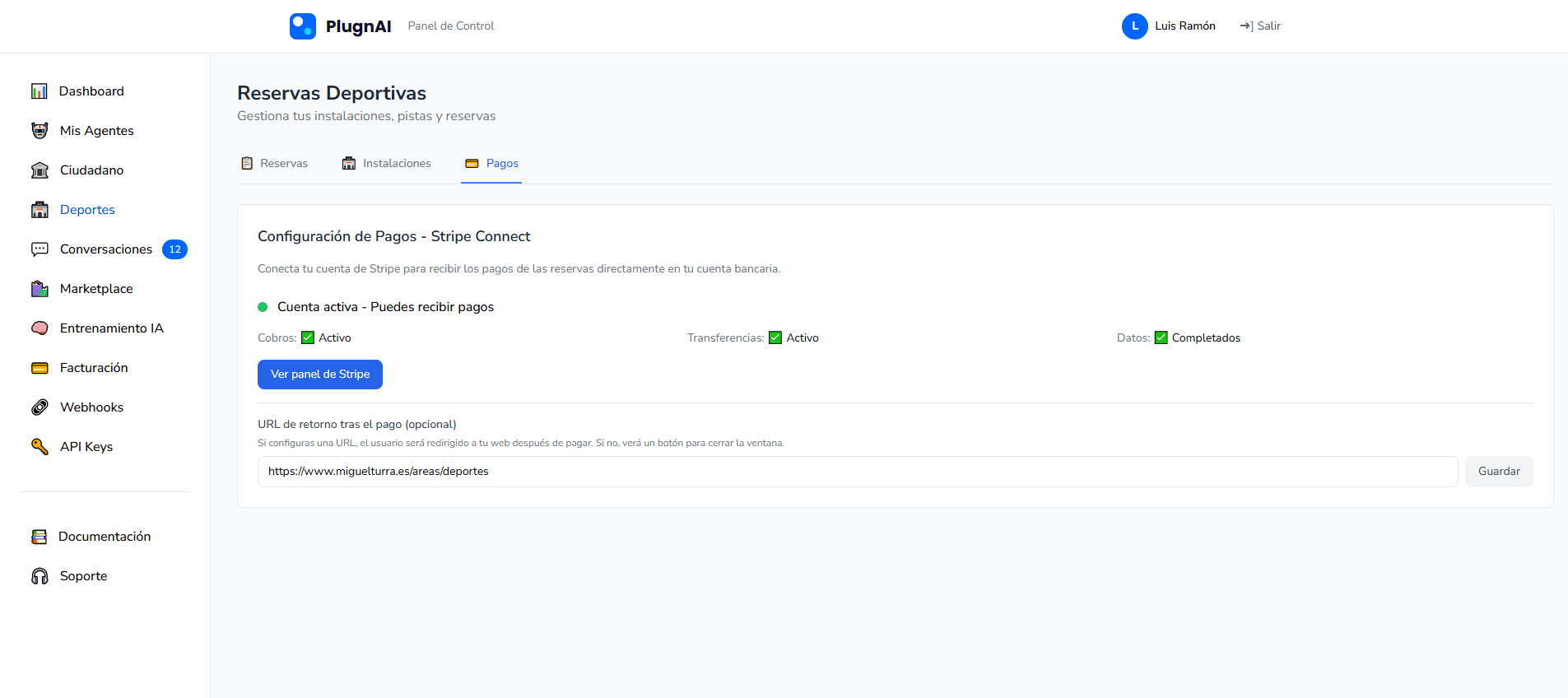 Ecrã de ligação ao Stripe Connect no dashboard