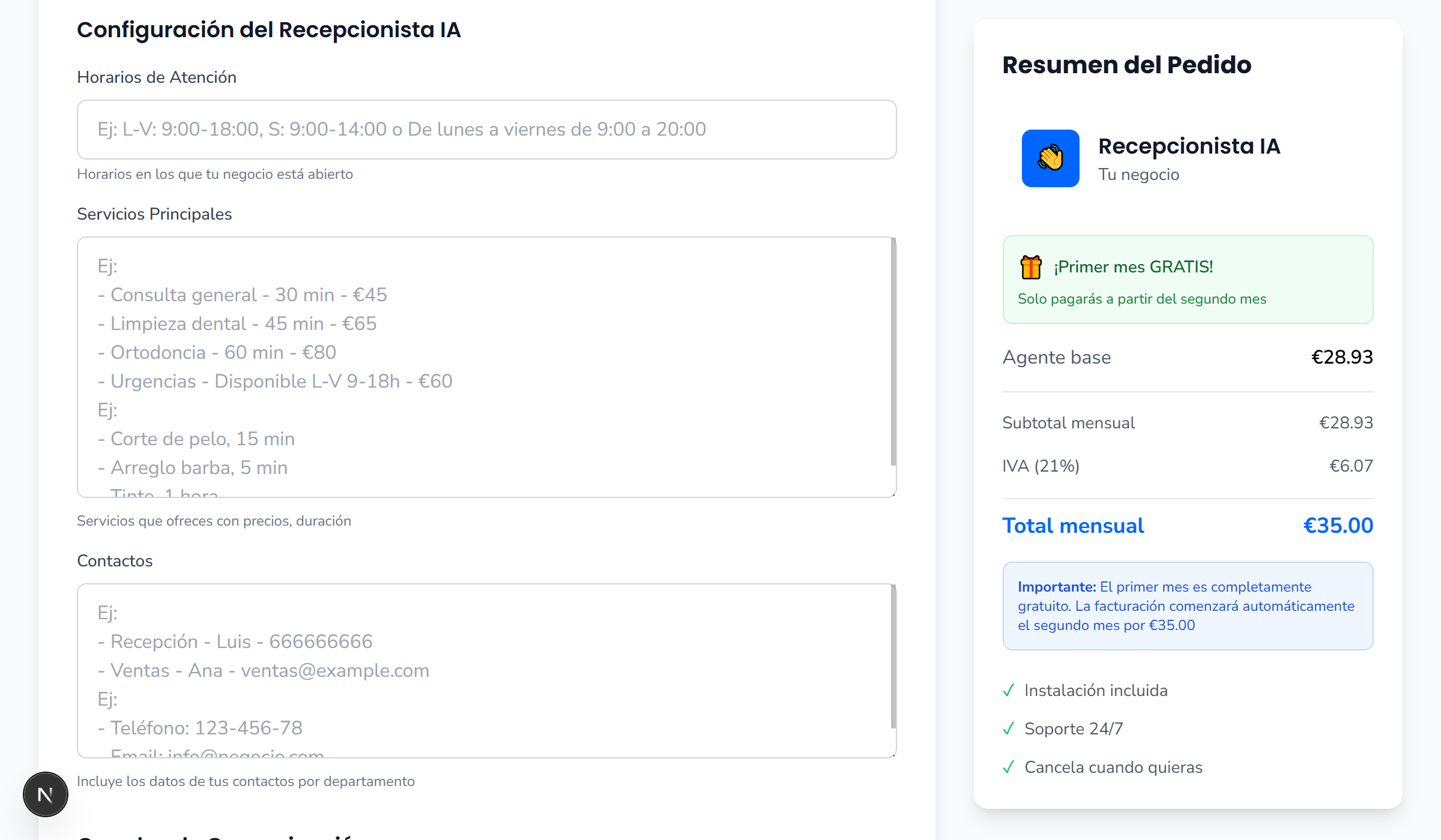 Formulario de configuración del agente IA - paso 1 del checkout