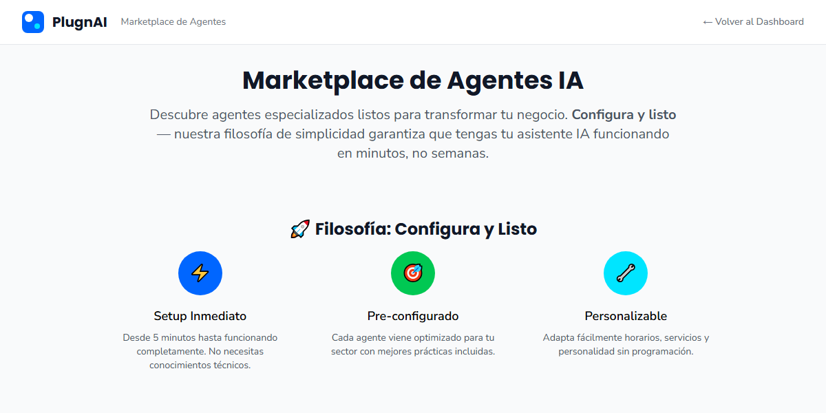 Vista previa del marketplace de PlugnAI con agentes especializados